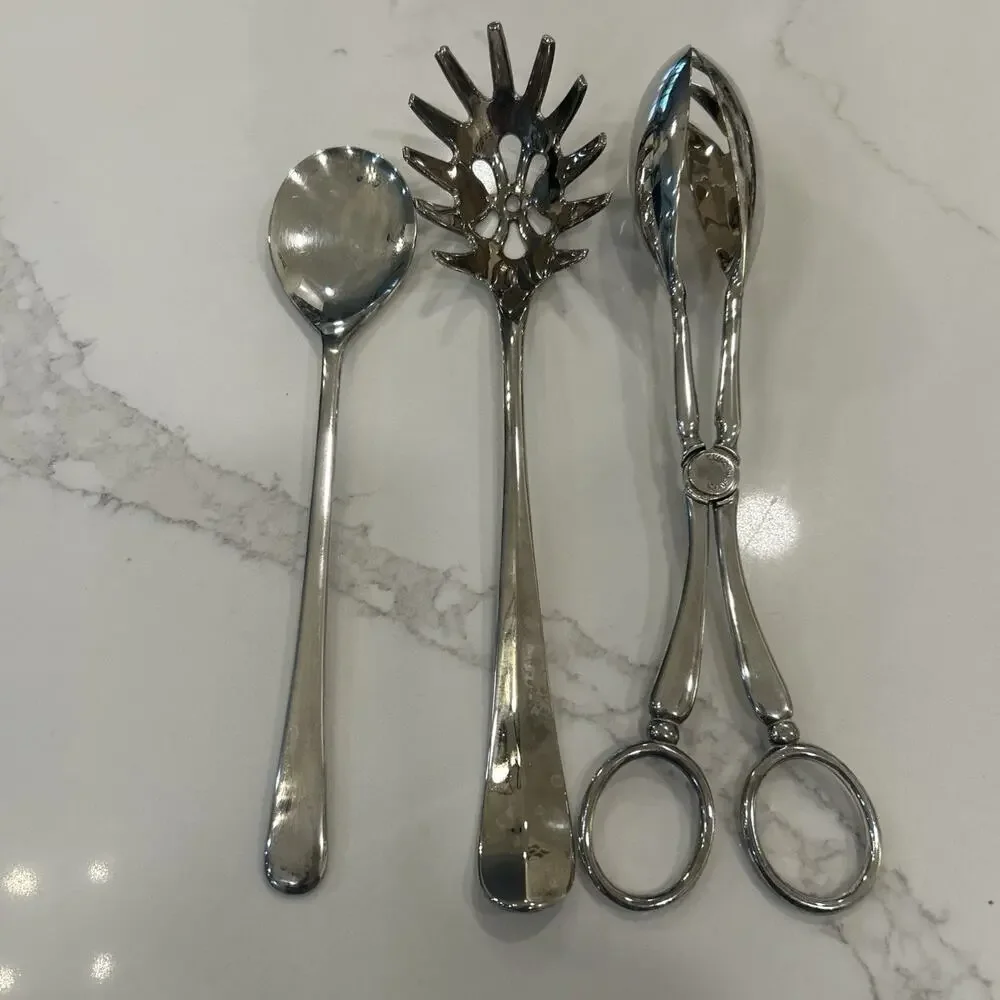 International Silver Silver Plated Set of 3 Serving Spoons‎ Salad Tongs